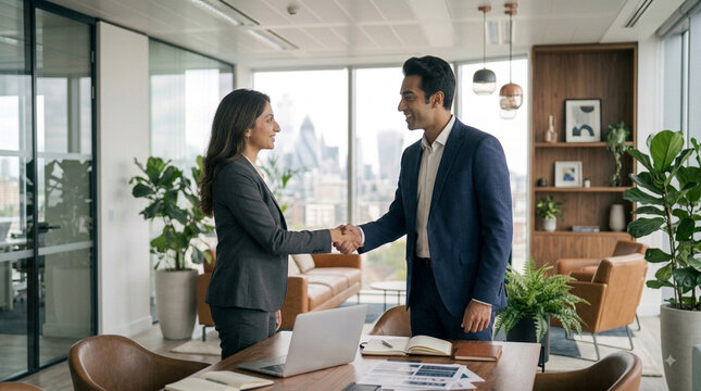 Professional Business Partners Shaking Hands After Successfully Finalizing Corporate Partnership Agreement