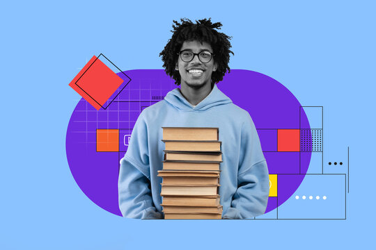 Smiling Black Young Man Wearing Blue Sweatshirt Holding Stack Of Books In Front Of Bright Colorful Background, Expressing Joy While Engaging In Educational Activities. Study Concept.