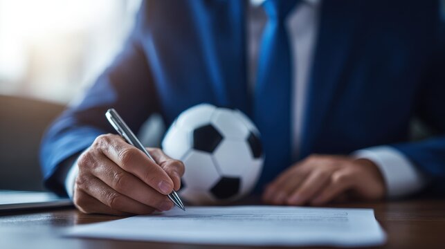 A business executive signs a professional contract with a soccer ball placed on the desk. This image represents sports management and athlete representation concepts.