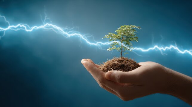 A hand holding a small green plant against a dark blue background with electric lightning. Ideal for concepts of sustainable energy and environmental resilience.
