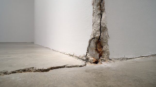 A severe crack runs along the wall and corner floor of a room. This indicates structural damage for construction and home inspection concepts.