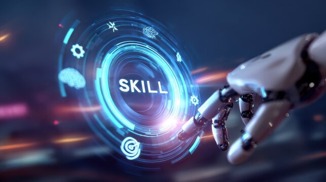 A futuristic robotic hand reaches out to activate a glowing digital skill interface in a dark high-tech environment. Conceptual illustration for advanced AI development.