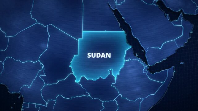 Digital map animation of Sudan, Africa, featuring glowing borders, a highlighted region, and white typography for an educational presentation background.
