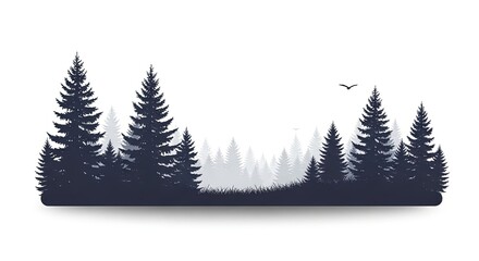 Obraz premium Silhouette of a pine forest landscape with subtle mist and a bird in the sky, isolated on white background.