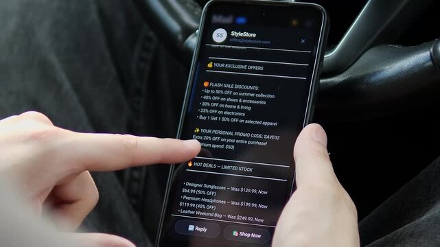 Person reads an exclusive retail sale email on a smartphone, highlighting flash discounts, promo codes and mobile shopping behavior driven by personalized digital offers.