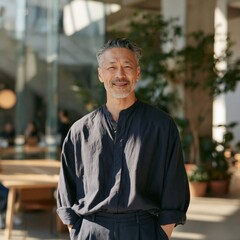 Obraz premium Senior man smiling in sunlit modern cafe for business profile and executive portrait in relaxed coworking environment