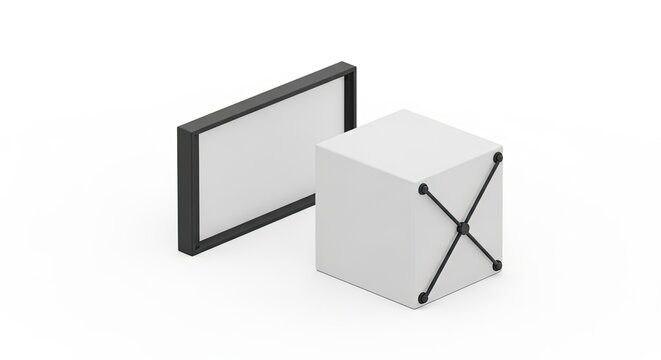 Modern minimalist abstract composition with a white cube and a black framed rectangle on a white background