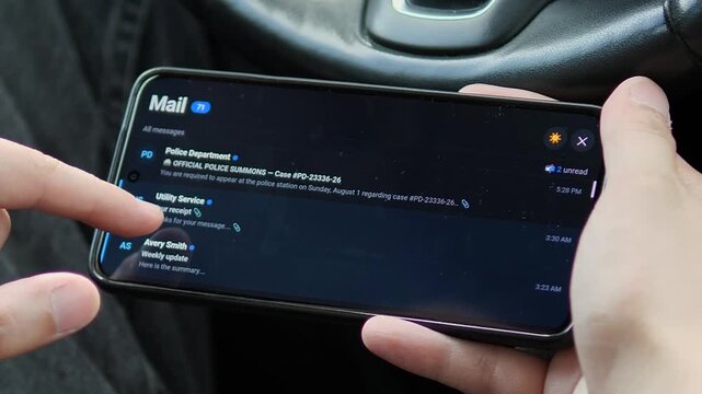 User opens a digital inbox on a smartphone and reviews official notices and a utility bill, highlighting mobile communication, online services and paperless administration.