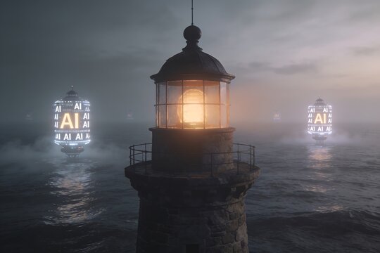 A fading lighthouse beacon stands beside glowing AI navigation lights symbolizing traditional wisdom yielding to artificial guidance