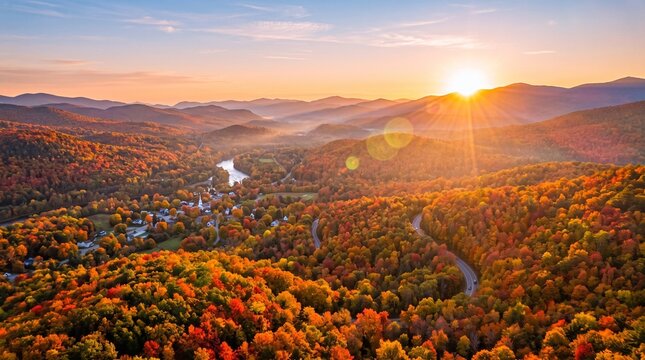 Aerial view of Mountain Forests with Brilliant Fall Colors in Autumn at Sunrise, New England