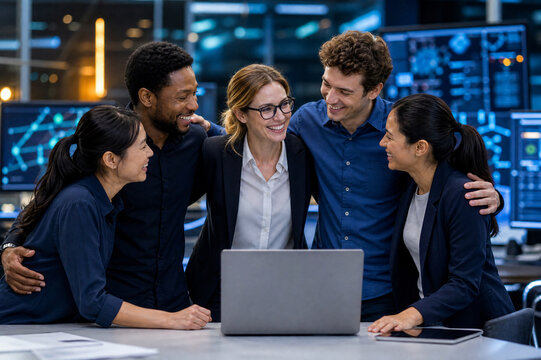 Happy technology team celebrating success around a laptop in a modern office