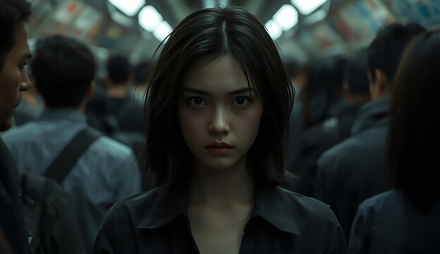 A woman stands in a subway car surrounded by a diverse group of passengers, all engaged in their own activities.