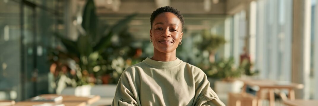 Portrait of a smiling person in a modern coworking space with plants and warm sunlight for website background banner and corporate wellbeing design