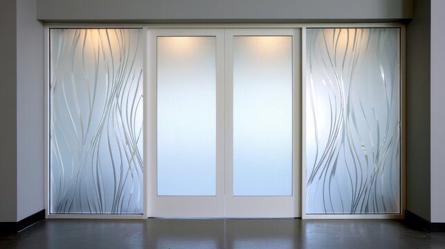 Modern double doors with elegant etched glass patterns create a professional office entrance. This features a contemporary workspace design for architectural or business use.
