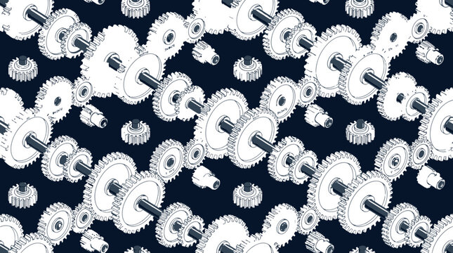Technical isometric gear pattern featuring repeating metallic mechanical components arranged neatly on a dark blue background
