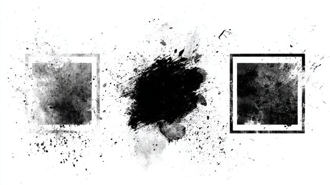 Abstract frames with black ink splashes isolated on white background. Useful for grunge design elements and artistic typographic overlays.