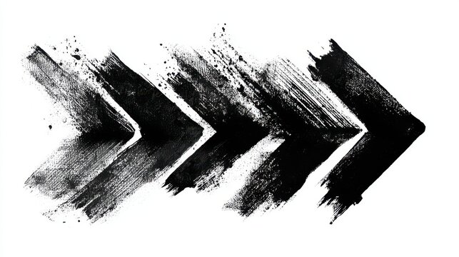 Black charcoal paint brush stroke arrows isolated on white background. Useful as a design element for bold graphic overlays and artistic grunge textures.