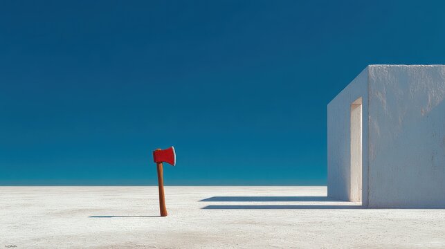A red axe stands upright in a vast, minimalist desert landscape next to a white concrete structure. This surreal composition illustrates themes of isolation and tension.