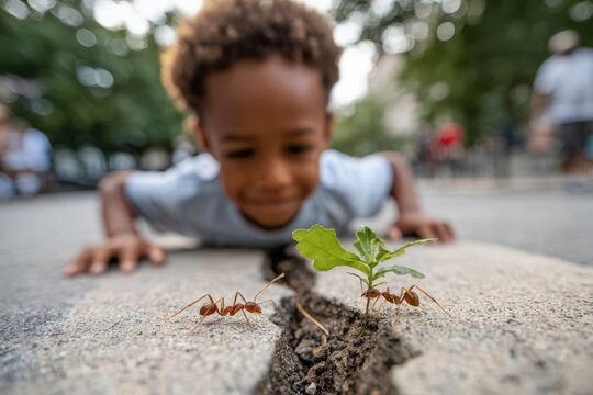 Child observing ants and leaf outdoors