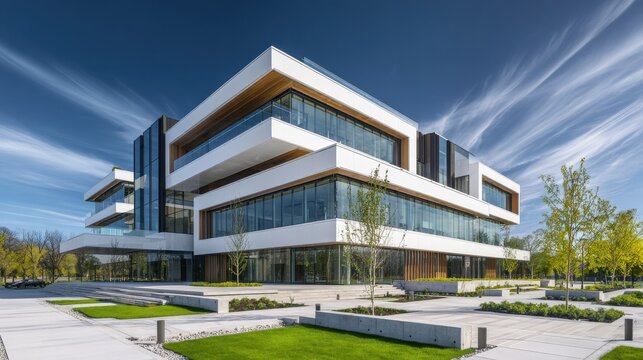 A modern glass office building features white architectural lines under a clear blue sky. This structure represents contemporary corporate architecture and sustainable business.