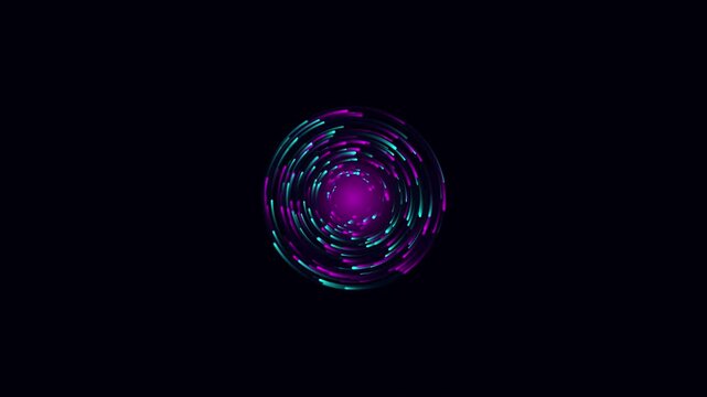 Futuristic energy portal with swirling glowing purple and cyan dashes. Abstract technology and science motion graphics loop.