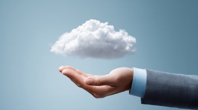 A businessman holds a fluffy white cloud in his hand. This represents digital storage and cloud computing technology concepts for business.