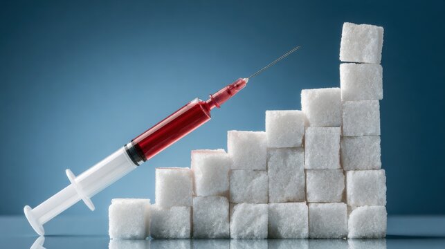 A medical syringe with blood rests against a rising staircase of white sugar cubes. Illustrates the health risks of sugar and diabetes management.