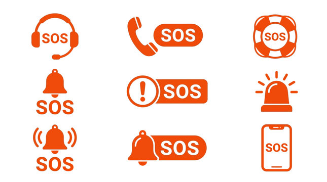Orange sos emergency vector icons set featuring flat graphic designs for help assistance and safety