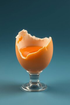 Minimalist surreal composition of a broken eggshell filled with raw egg yolk on blue background