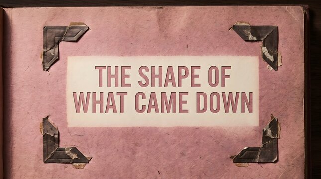 Vintage scrapbook page with the text 'The Shape of What Came Down' framed by old photo corners, conceptual metaphorical image about memories and the past.