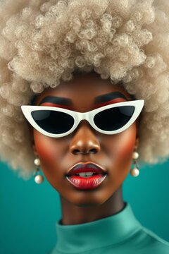 High fashion portrait of a Black woman with a blonde afro and white cat-eye sunglasses