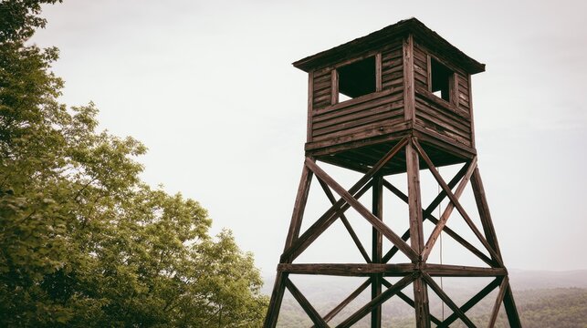An old wooden watchtower stands tall against a hazy forest backdrop. This image conveys themes of surveillance, observation, and wilderness security.