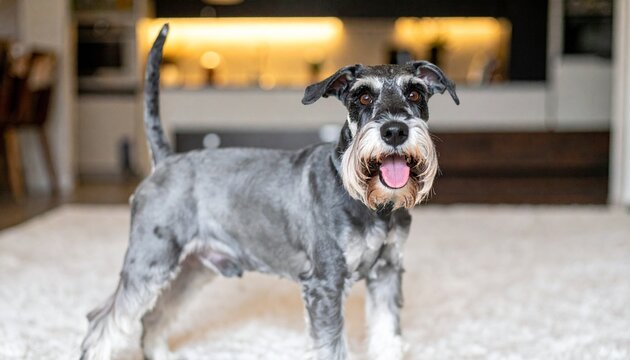 Happy Miniature Schnauzer Dog on a Leash During an Evening Walk