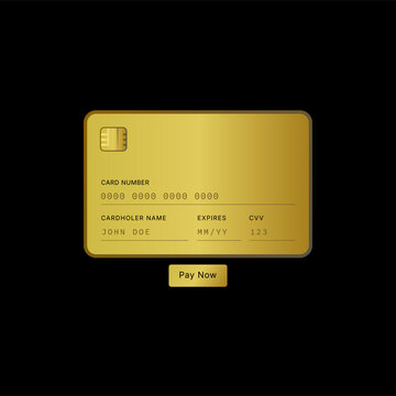 Golden credit card payment form UI layout vector illustration with card number, expiration, CVV, and pay button on a black background.