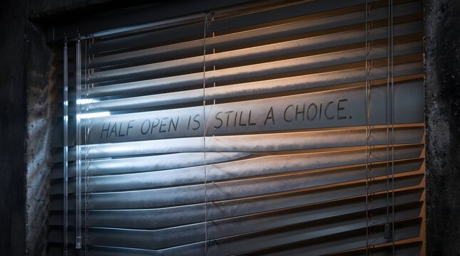 Conceptual image of horizontal window blinds with the motivational text HALF OPEN IS STILL A CHOICE written on a slat, symbolizing perspective, decision-making, and the middle ground.
