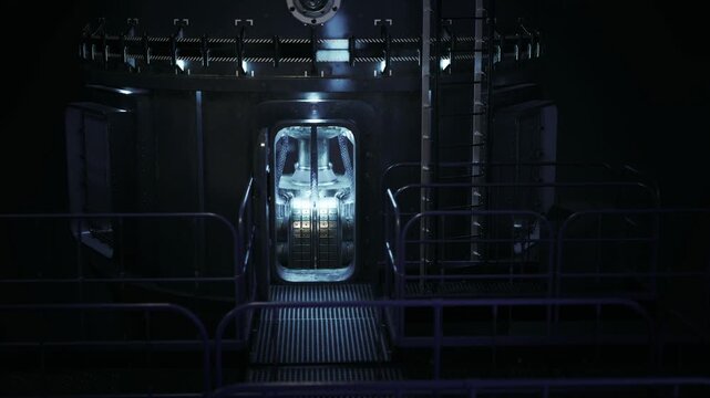 Illuminated observation hatch reveals reactor interior, cascading coolant pipes and instrumentation panels, shadowed maintenance access with cold industrial