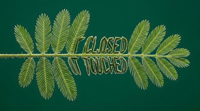 Mimosa Pudica Sensitive Leaf with Integrated Typography Reading 'Closed If Touched' Conceptualizing Natural Defense Mechanisms and Botanical Sensitivity