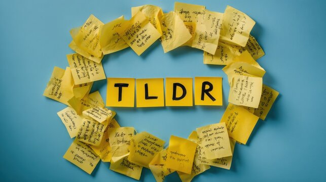 Sticky notes labeled TLDR surrounded by many handwritten papers on a blue background. This represents summarization and information management concepts for business communication.
