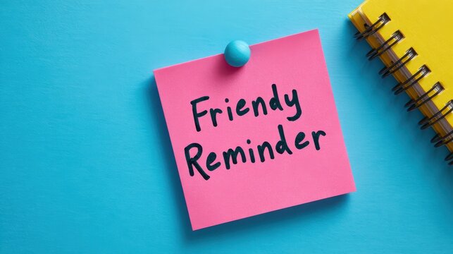 A pink sticky note with the words Friendly Reminder handwritten in black ink on a bright blue textured background. Use for business task or schedule alerts.