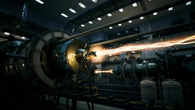 Massive turbine assembly emitting focused hot stream, heavy duty piping and tanks in foreground, utility hall vibe with overhead maintenance gantries and high