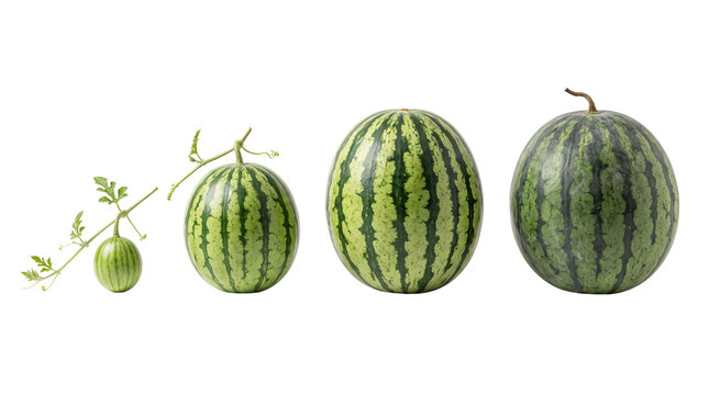 watermelon growth progression transparent background fruit striped small large mature Stages compare development of watermelon for freshness education food packaging and commercial marketing