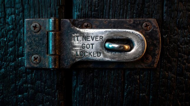 Conceptual Close-up of a Rusty Metal Latch on Charred Burnt Wood with Engraved Text "IT NEVER GOT LOCKED", Symbolic Imagery for Missed Opportunities, Regret, and Hidden Truths.