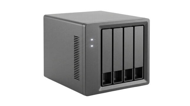 Network attached storage enclosure with four drive bays sits isolated on a clean white studio background.