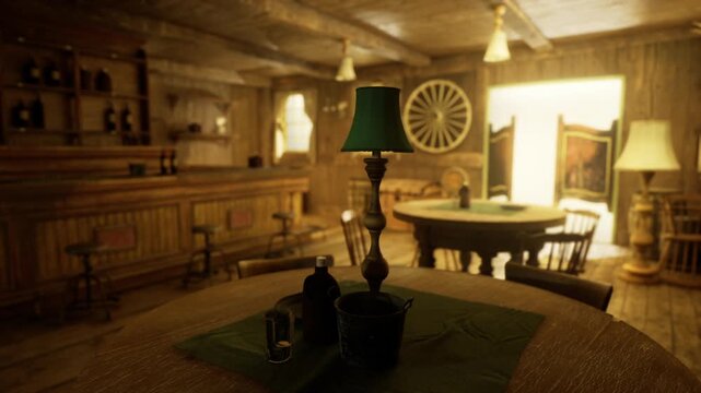 Warm wooden saloon interior with lamp, round table, wagon wheel on wall, bar counter lined with bottles and glassware, soft sunlight filtering through doorway