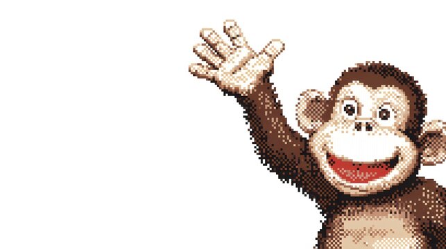 Retro Pixel Art Cute Monkey Character Waving Hand On White.