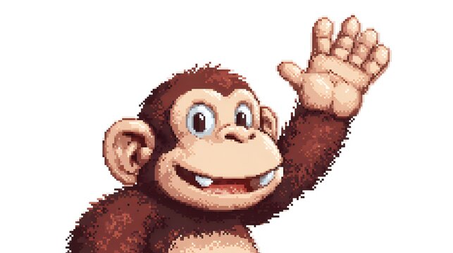 Retro Pixel Art Cute Monkey Character Waving Hand On White.