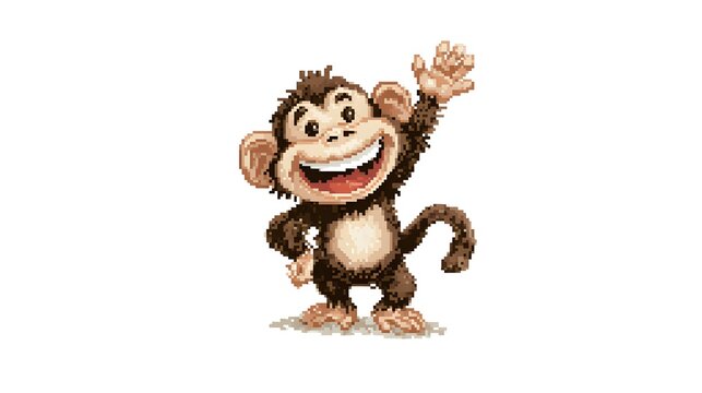 Retro Pixel Art Cute Monkey Character Waving Hand On White.