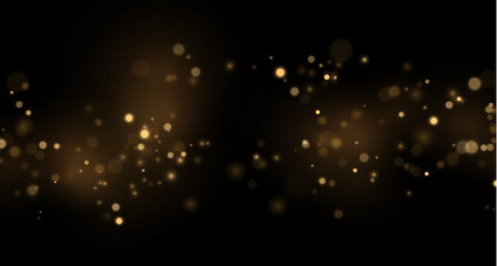 Shining golden stars scatter over a black backdrop. Glowing dust surrounds the lights. Festive luxury illustration. © Extrastock