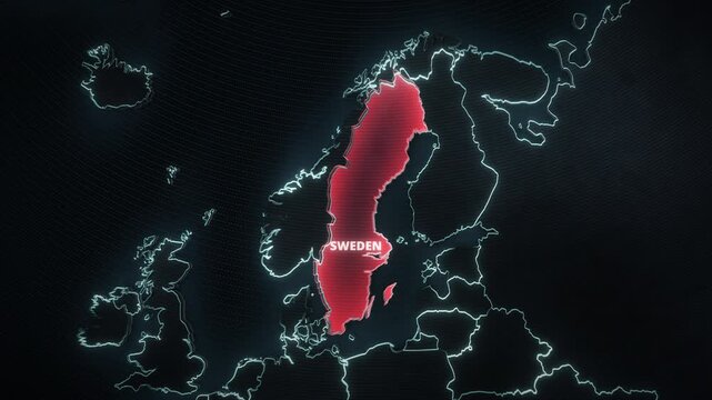 Glowing 3d map of Sweden, Northern Europe featuring a red emergency highlight and neon borders, designed as a horizontal presentation backdrop for geopolitical news broadcasts.
