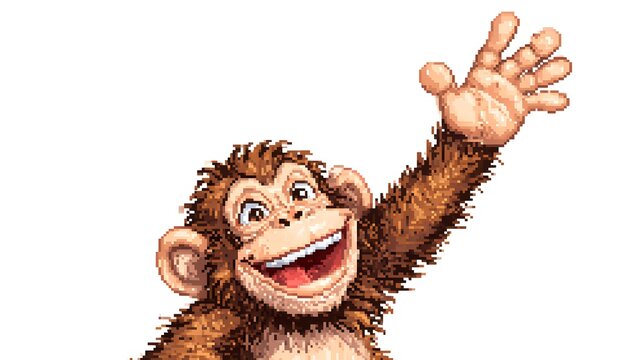 Retro Pixel Art Cute Monkey Character Waving Hand On White.